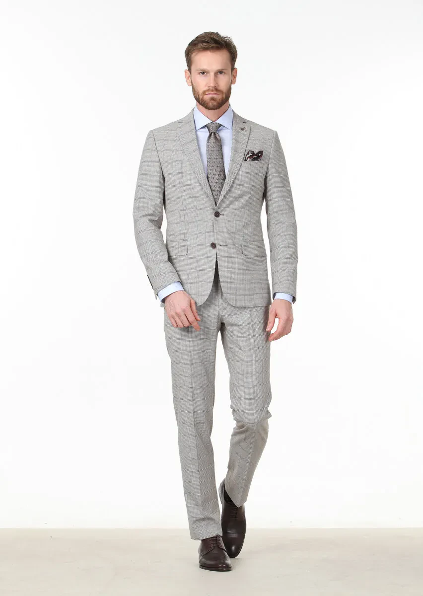 Koyu Kahve Kareli Zeroweight Slim Fit Yün Karışımlı Takım Elbise - 3