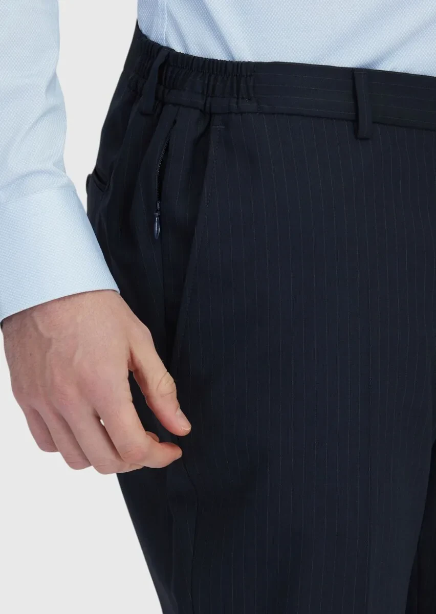 Koyu Lacivert Çizgili Modern Fit Yün Karışımlı Takım Elbise - 6