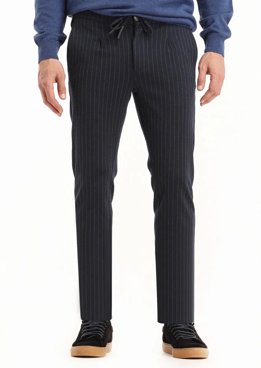 Koyu Lacivert Çizgili Örme Jogging Fit Casual Pantolon - 2