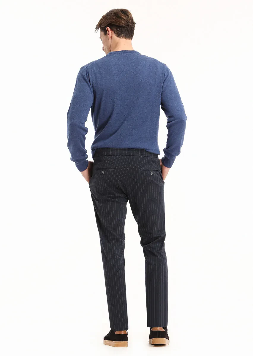 Koyu Lacivert Çizgili Örme Jogging Fit Casual Pantolon - 4