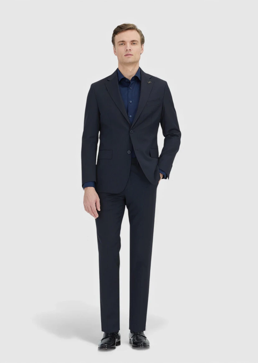 Koyu Lacivert Çizgili Zeroweight Slim Fit %100 Yün Takım Elbise - RAMSEY