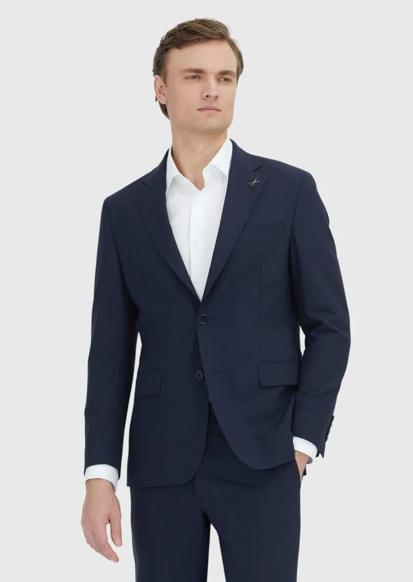 Koyu Lacivert Çizgili Zeroweight Slim Fit Yün Karışımlı Takım Elbise - 2
