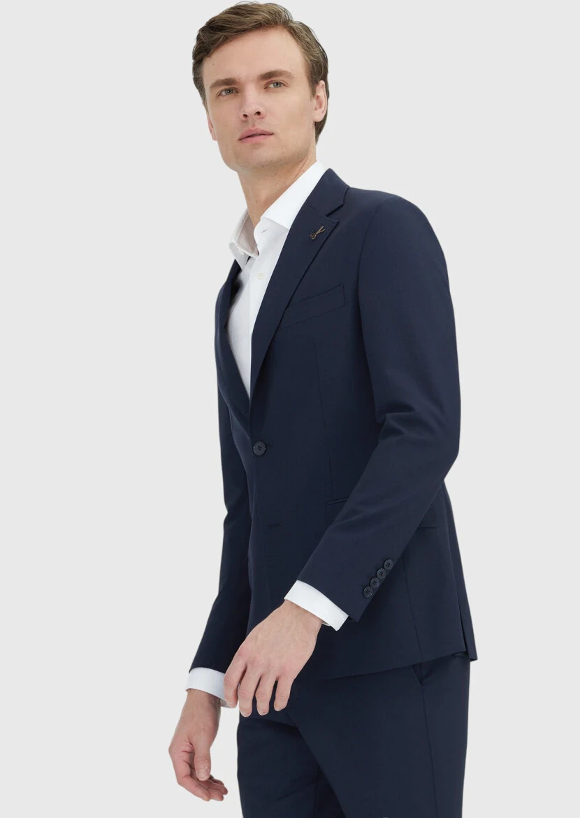 Koyu Lacivert Çizgili Zeroweight Slim Fit Yün Karışımlı Takım Elbise - 4