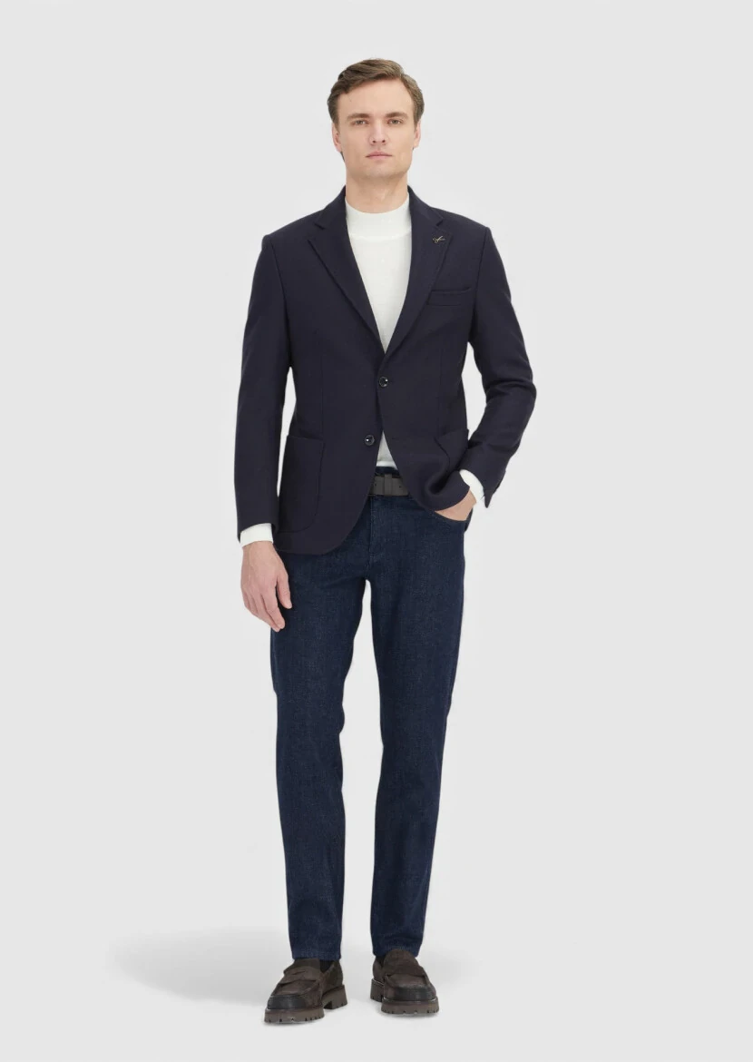 Koyu Lacivert Desenli %100 Yün Ceket - RAMSEY