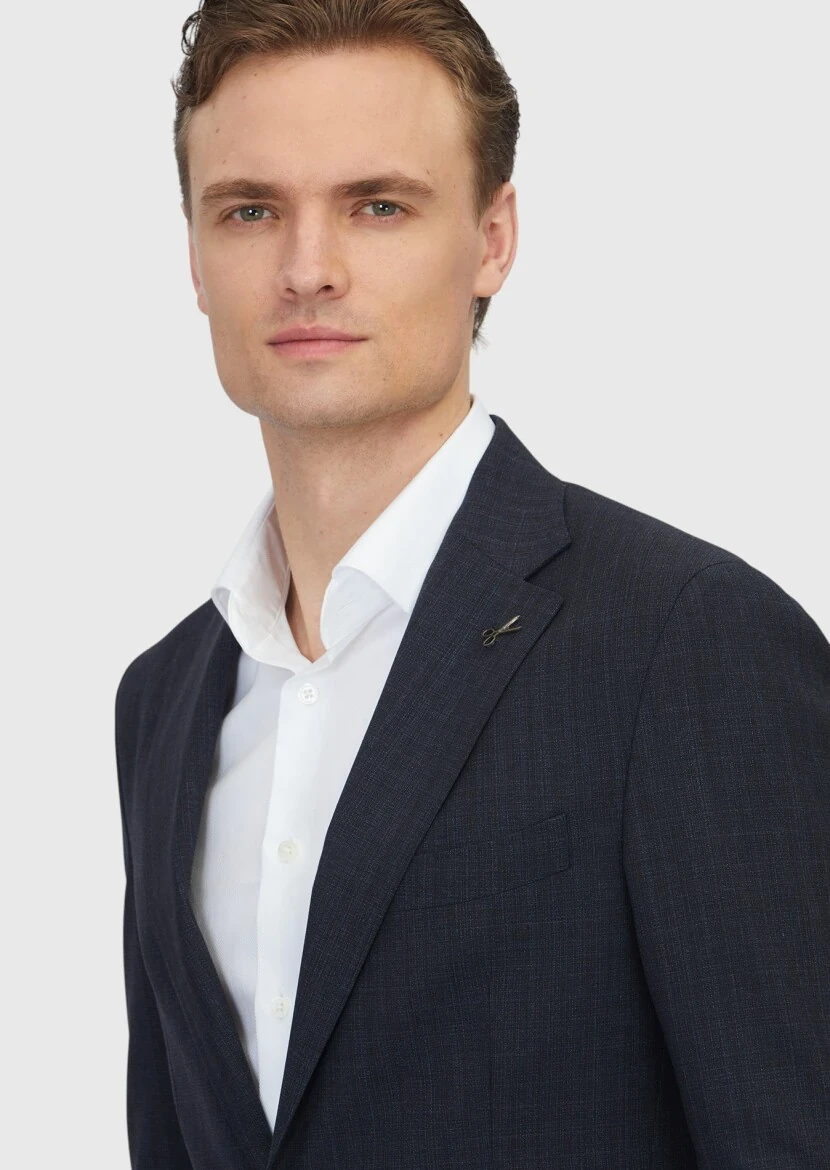 Koyu Lacivert Desenli Zeroweight Slim Fit %100 Yün Takım Elbise - 3