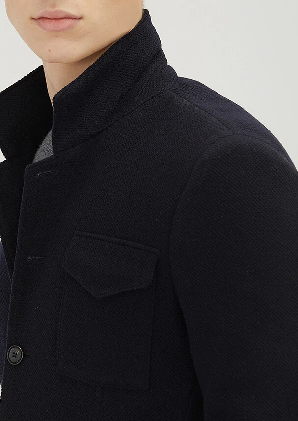 Koyu Lacivert Düz Shirt Shoulder Slim Fit Yün Karışımlı Örme Ceket - 5