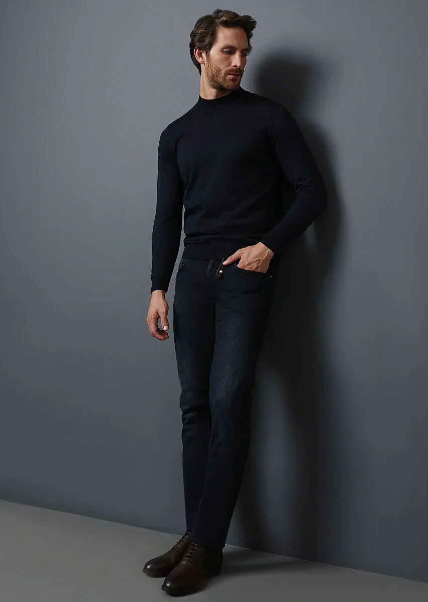 Koyu Lacivert Düz Slim Fit Denim Pamuk Karışımlı Pantolon - 1