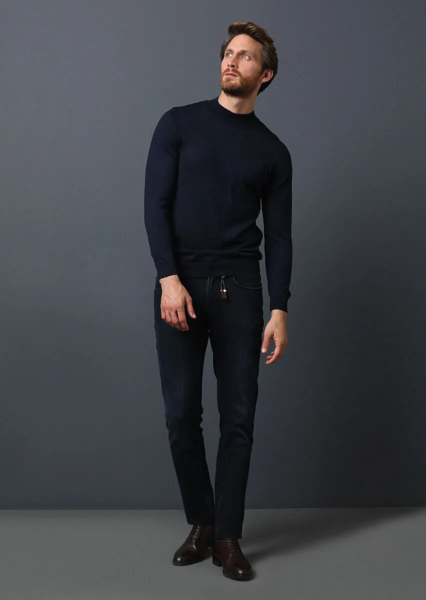 Koyu Lacivert Düz Slim Fit Denim Pamuk Karışımlı Pantolon - 2