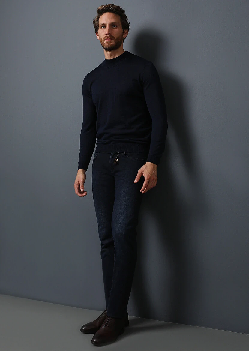 Koyu Lacivert Düz Slim Fit Denim Pamuk Karışımlı Pantolon - 4