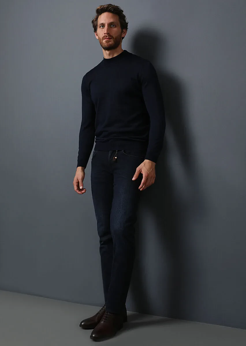 Koyu Lacivert Düz Slim Fit Denim Pamuk Karışımlı Pantolon - 4