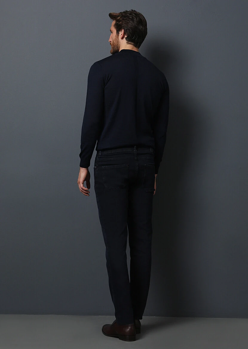 Koyu Lacivert Düz Slim Fit Denim Pamuk Karışımlı Pantolon - 5
