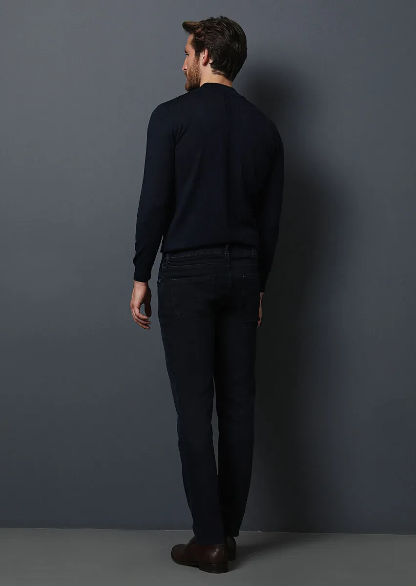 Koyu Lacivert Düz Slim Fit Denim Pamuk Karışımlı Pantolon - 5