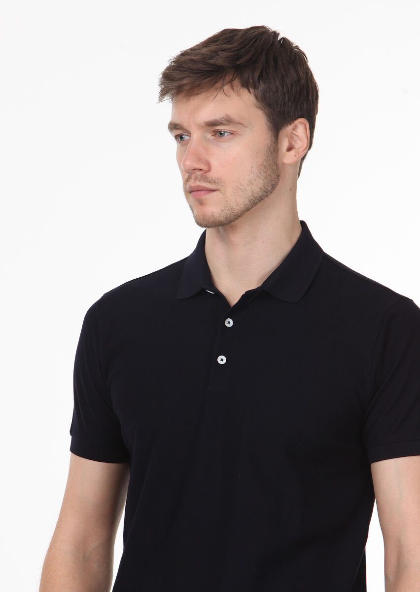 Koyu Lacivert Jakarlı Polo Yaka %100 Pamuk T-Shirt - 2