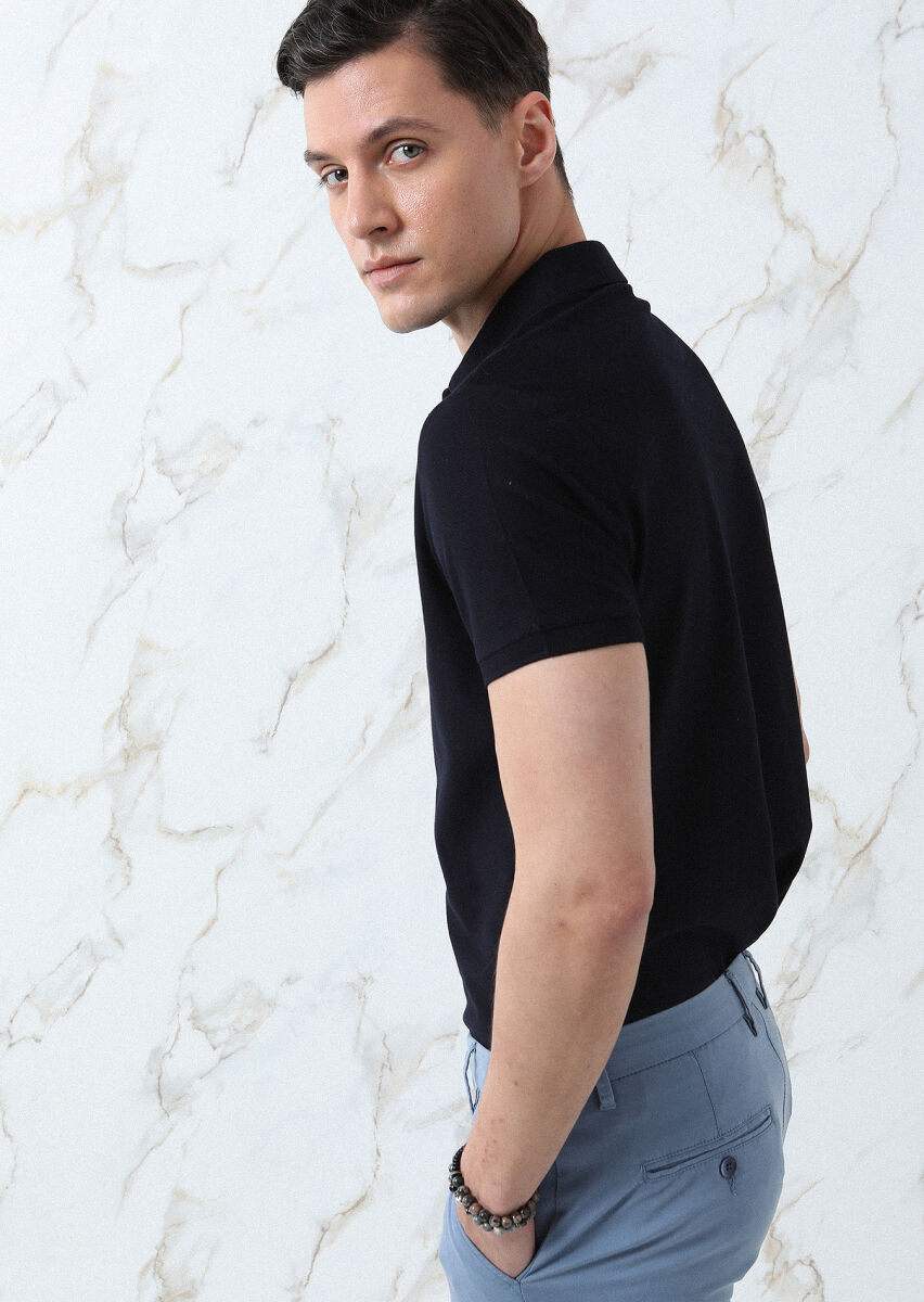 Koyu Lacivert Jakarlı Polo Yaka %100 Pamuk T-Shirt - 5