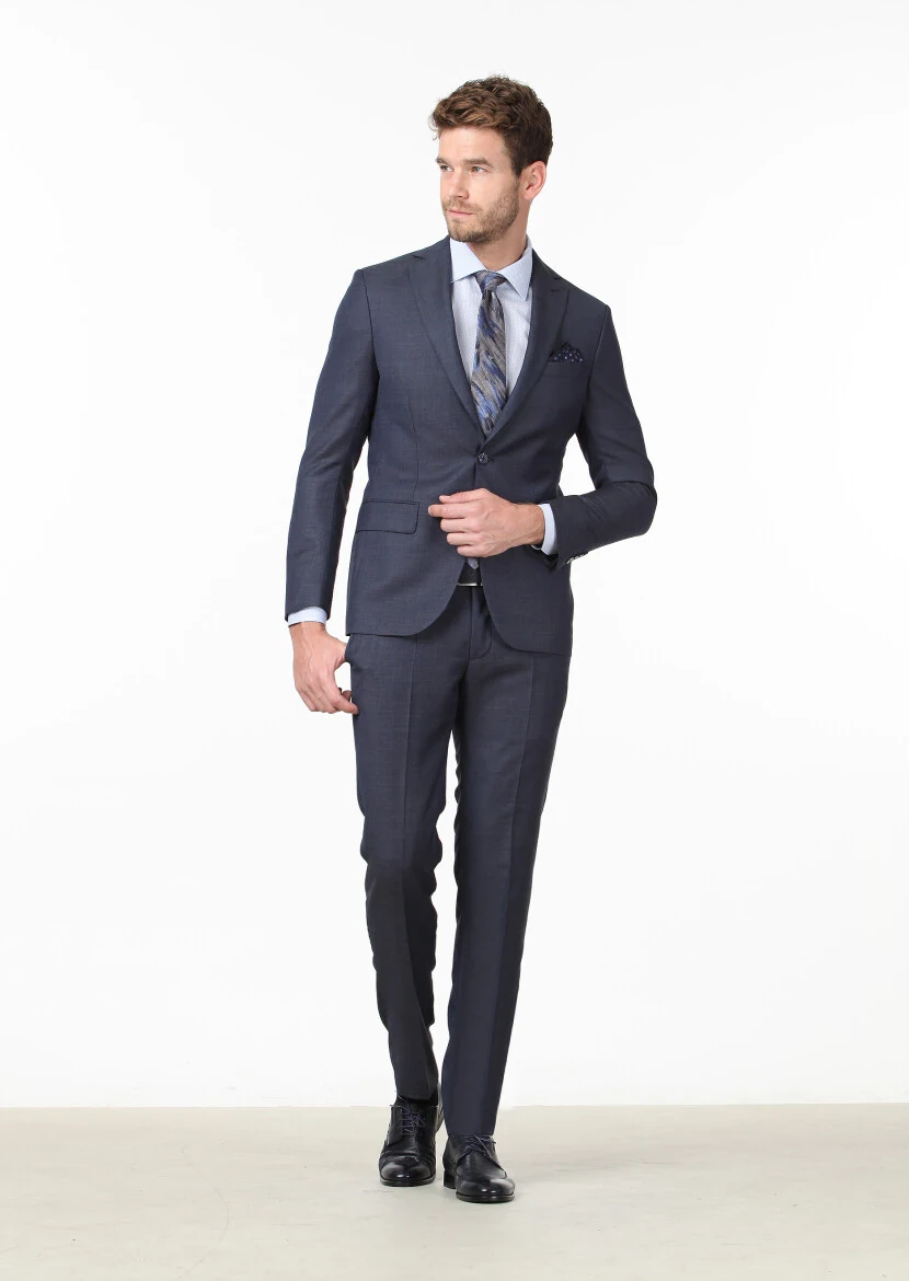 Koyu Lacivert Mikro Modern Fit %100 Yün Takım Elbise - 1