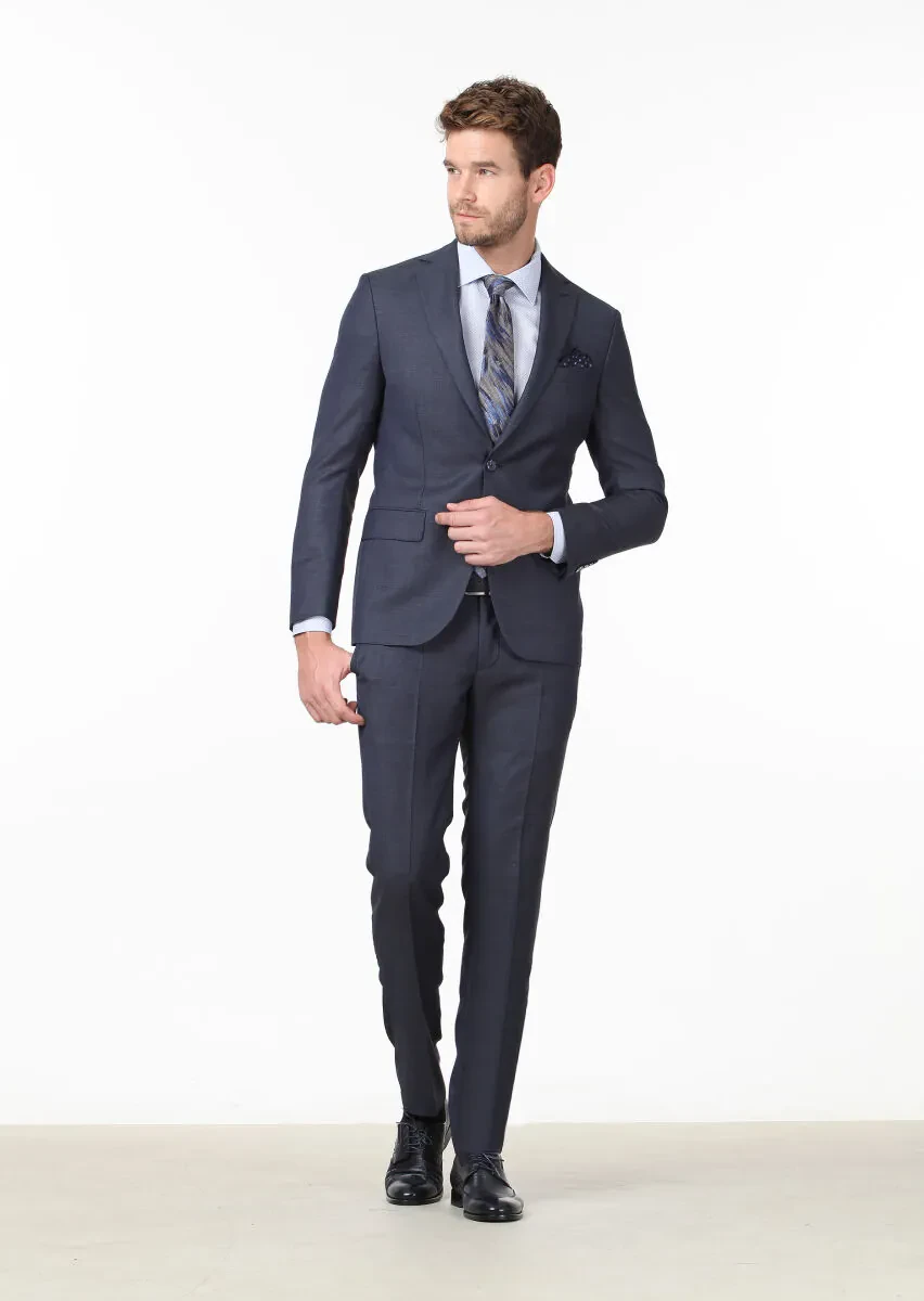 Koyu Lacivert Mikro Modern Fit %100 Yün Takım Elbise - 1