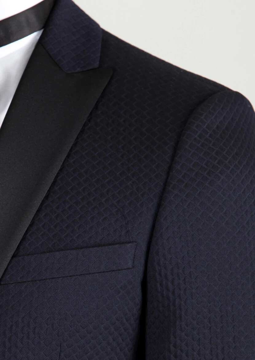 Koyu Lacivert Pamuk Karışımlı Smokin Ceket - 3