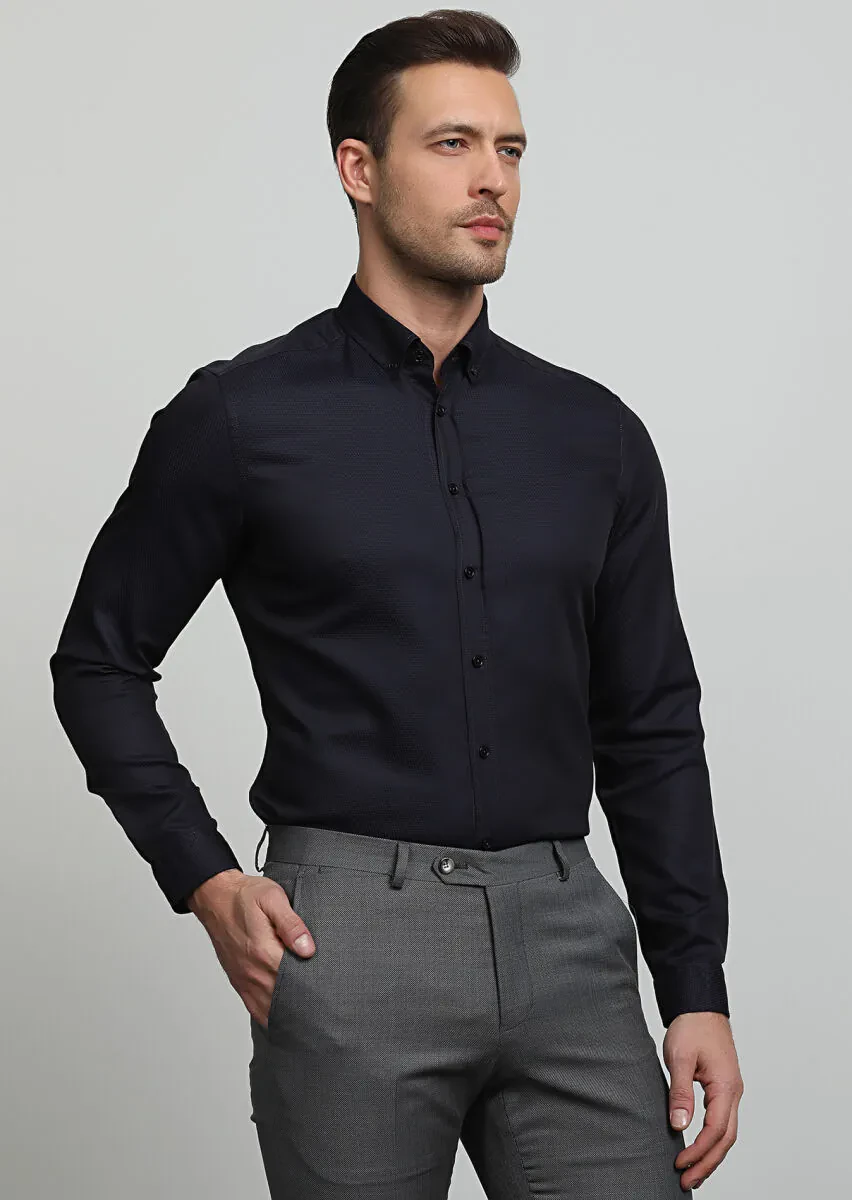 Koyu Lacivert Regular Fit Dokuma Casual %100 Pamuk Gömlek - 1