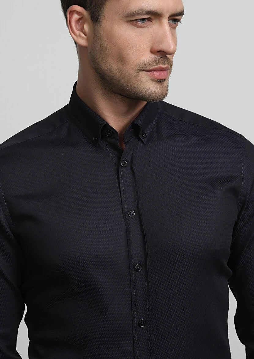 Koyu Lacivert Regular Fit Dokuma Casual %100 Pamuk Gömlek - 2