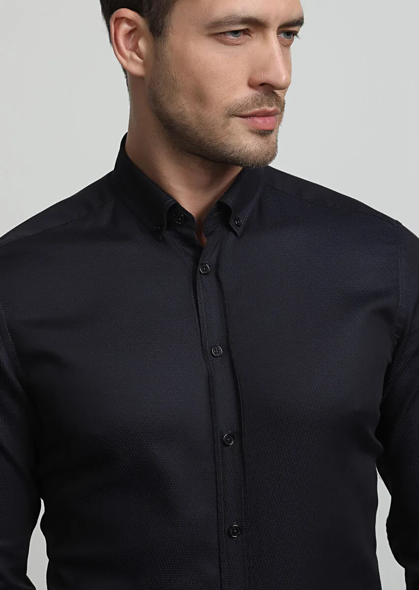 Koyu Lacivert Regular Fit Dokuma Casual %100 Pamuk Gömlek - 2