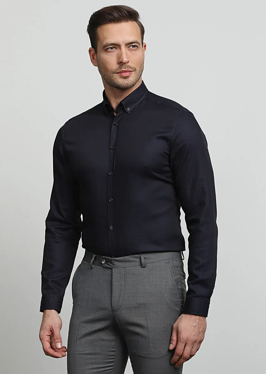 Koyu Lacivert Regular Fit Dokuma Casual %100 Pamuk Gömlek - 3