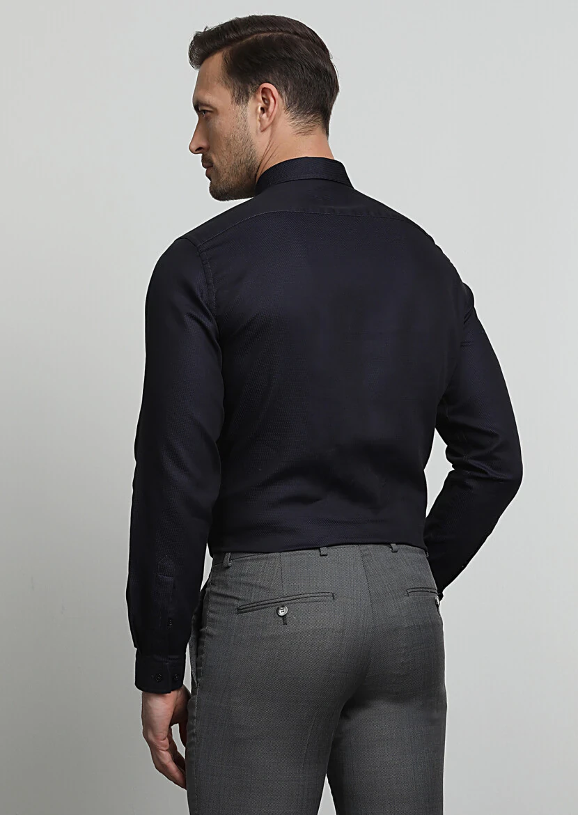 Koyu Lacivert Regular Fit Dokuma Casual %100 Pamuk Gömlek - 4