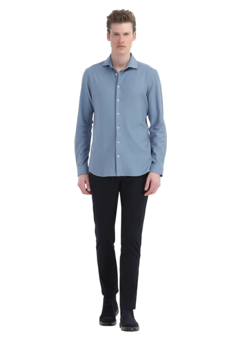 Koyu Mavi Çizgili Regular Fit Casual %100 Pamuk Gömlek 