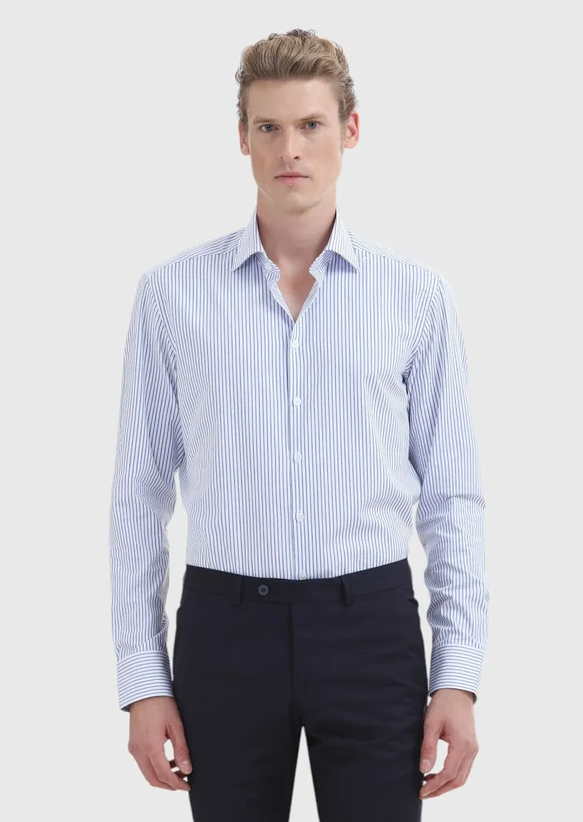 Koyu Mavi Çizgili Regular Fit Dokuma Klasik %100 Pamuk Gömlek - 2