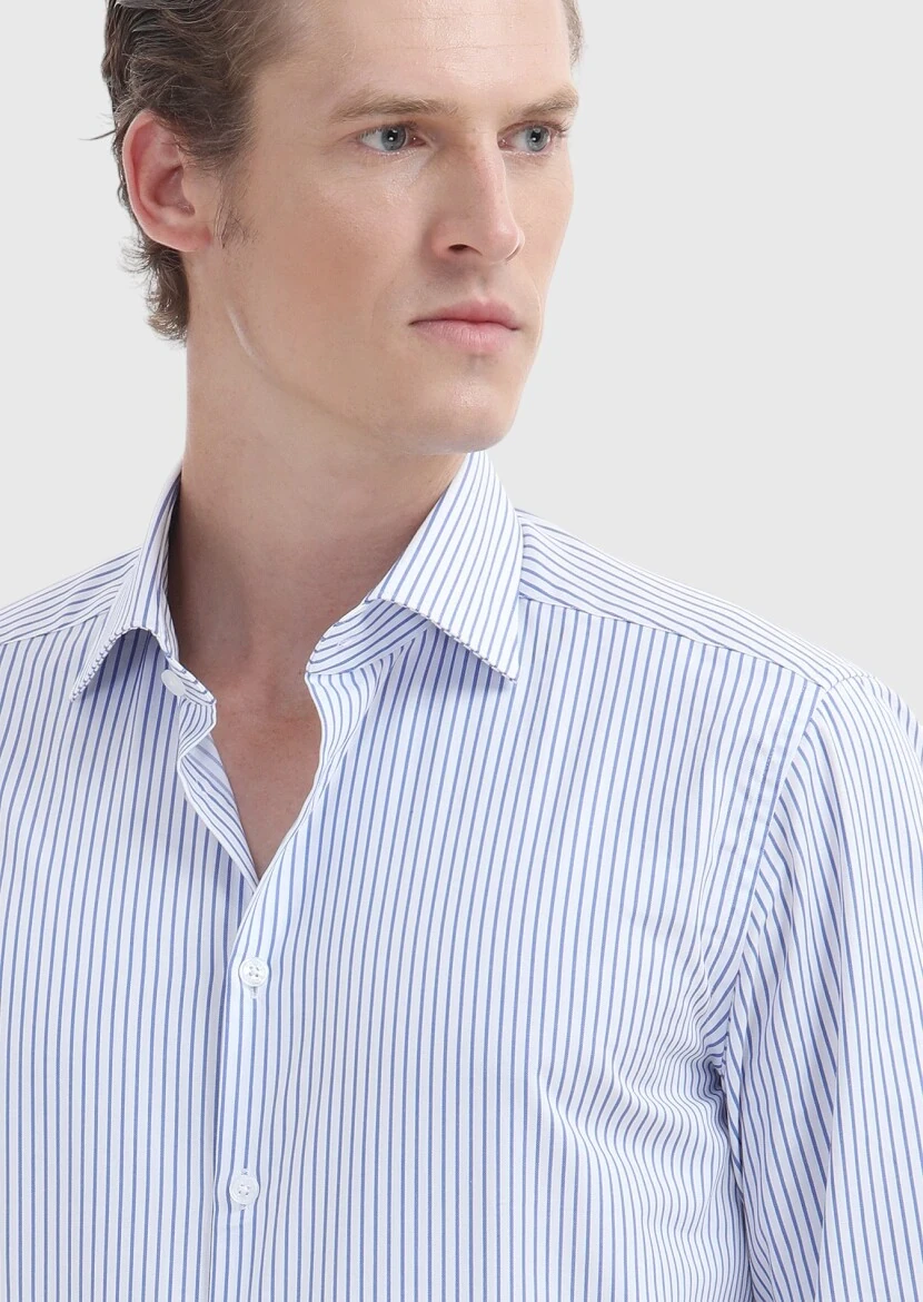 Koyu Mavi Çizgili Regular Fit Dokuma Klasik %100 Pamuk Gömlek - 4