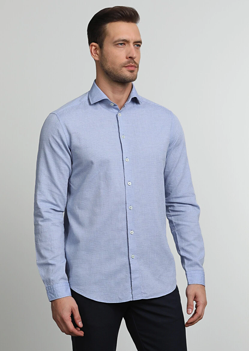 Koyu Mavi Desenli Regular Fit Dokuma Casual Pamuk Karışımlı Gömlek - 2