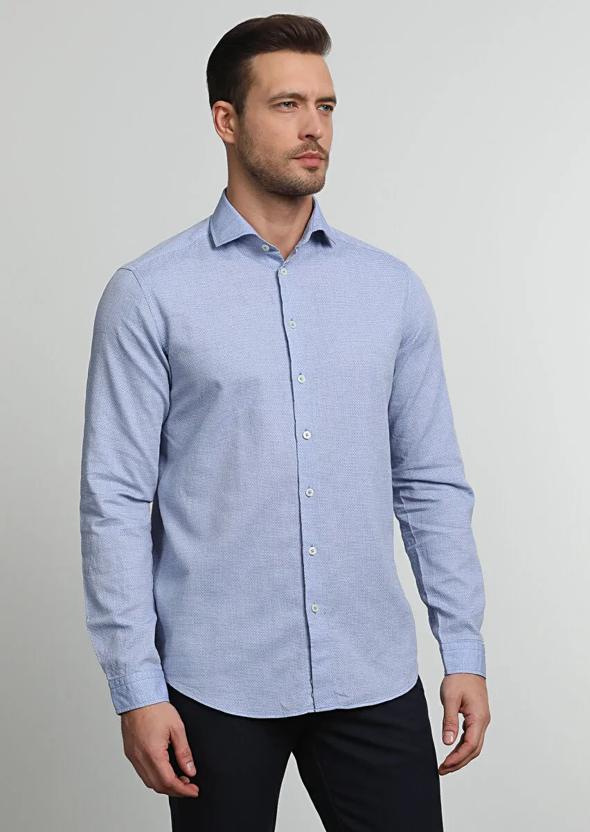 Koyu Mavi Desenli Regular Fit Dokuma Casual Pamuk Karışımlı Gömlek - 2