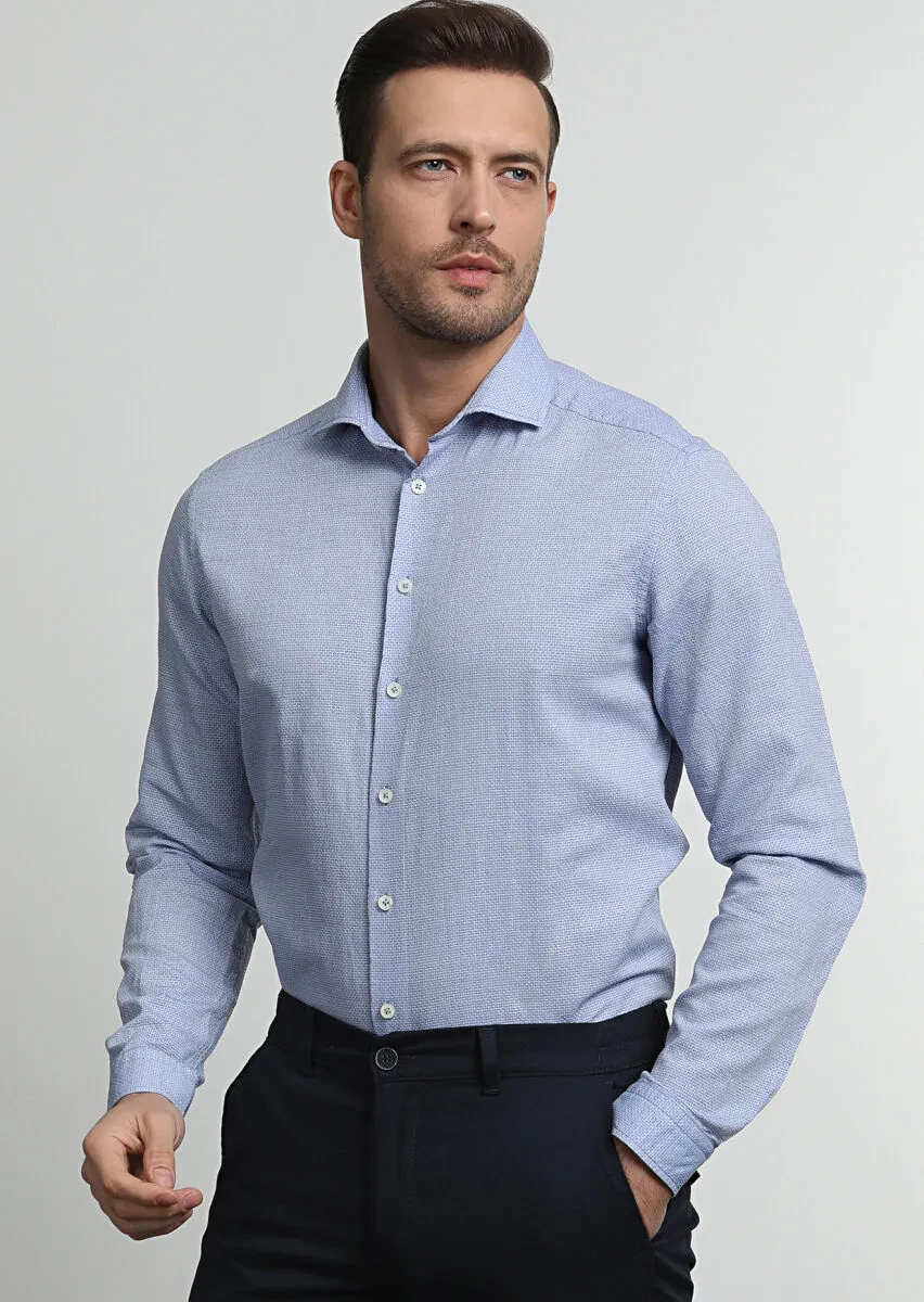Koyu Mavi Desenli Regular Fit Dokuma Casual Pamuk Karışımlı Gömlek - 3