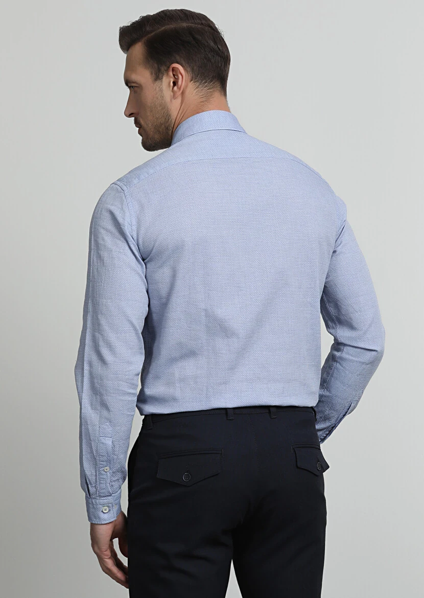 Koyu Mavi Desenli Regular Fit Dokuma Casual Pamuk Karışımlı Gömlek - 4