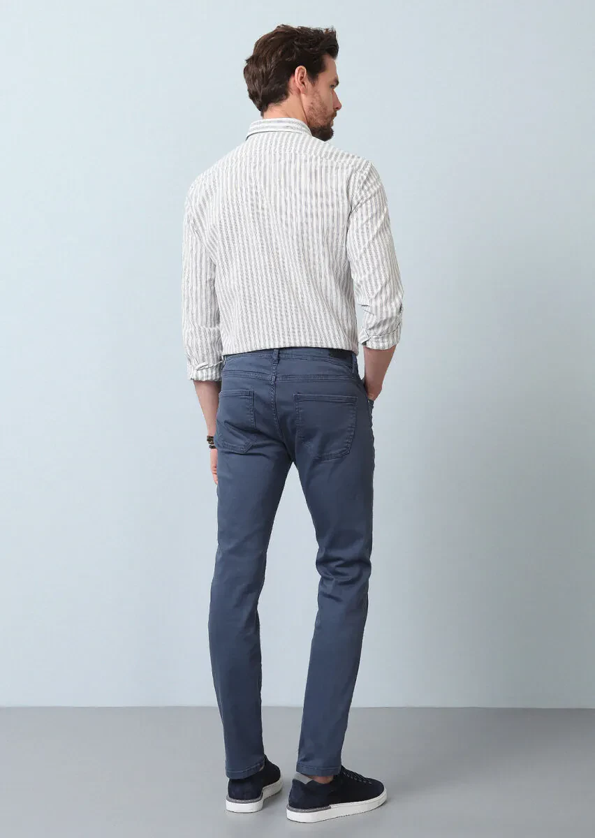 Koyu Mavi Düz Dokuma Slim Fit Casual Pamuk Karışımlı Pantolon - 4