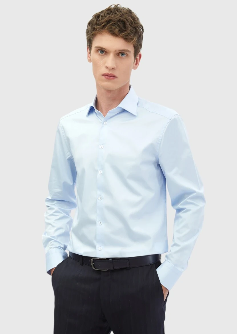 Koyu Mavi Düz Slim Fit Dokuma Klasik %100 Pamuk Gömlek - RAMSEY