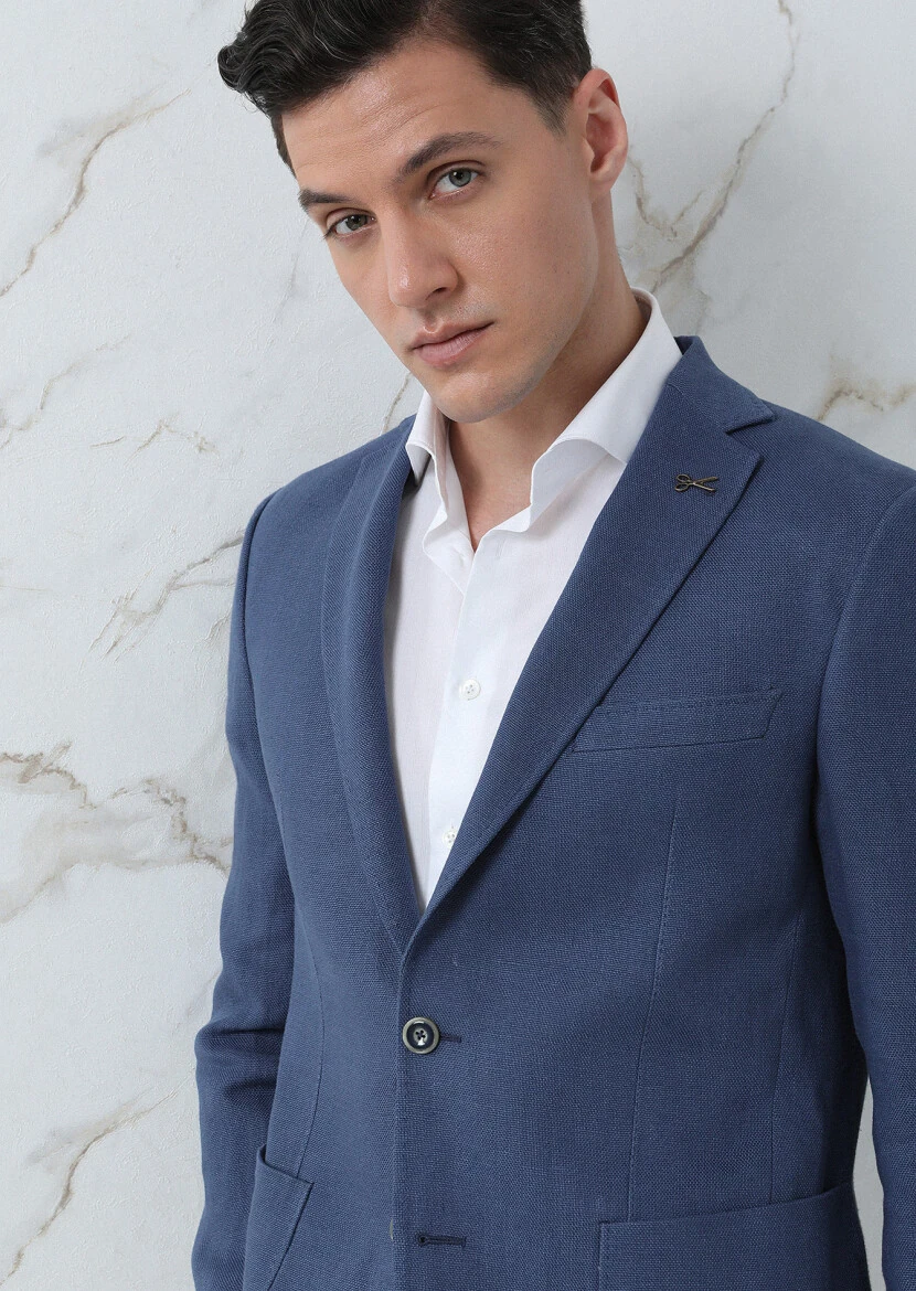 Koyu Mavi Düz Zeroweight Slim Fit %100 Keten Ceket - 3