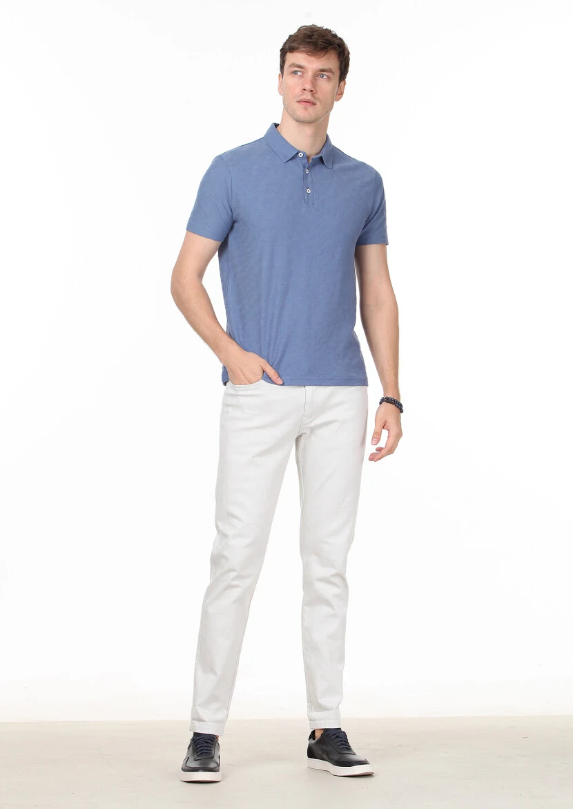 Koyu Mavi Jakarlı Polo Yaka %100 Pamuk T-Shirt - 3