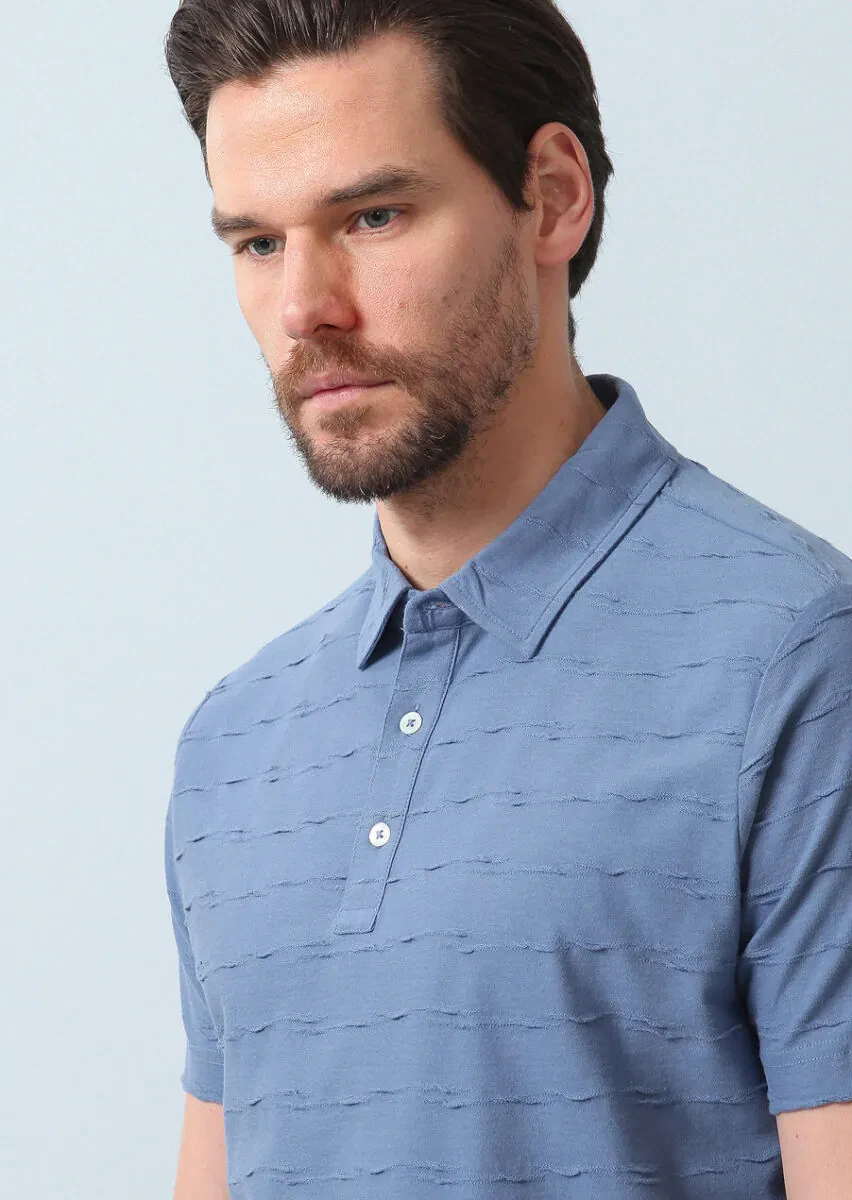 Koyu Mavi Jakarlı Polo Yaka %100 Pamuk T-Shirt - 1