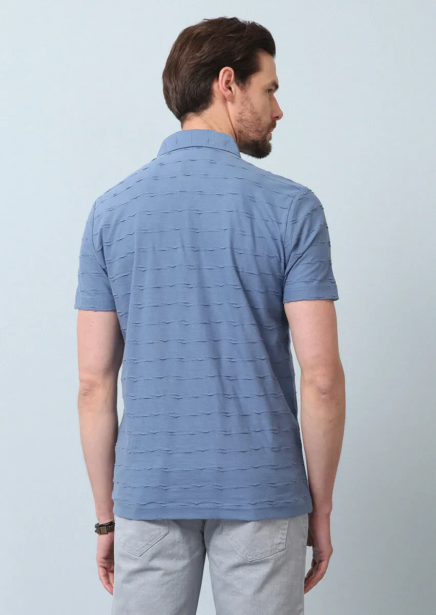 Koyu Mavi Jakarlı Polo Yaka %100 Pamuk T-Shirt - 6