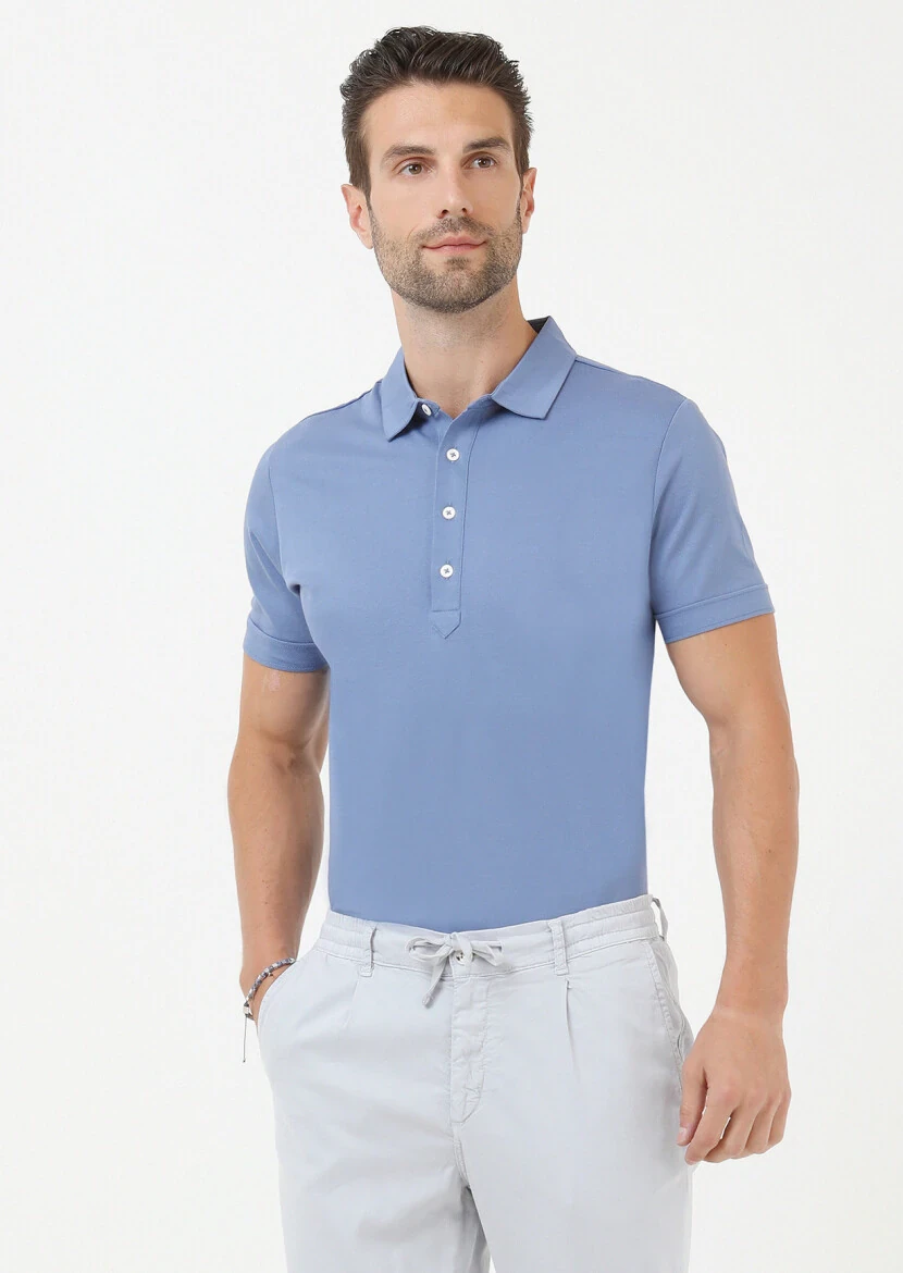 Koyu Mavi Jakarlı Polo Yaka %100 Pamuk T-Shirt - 1