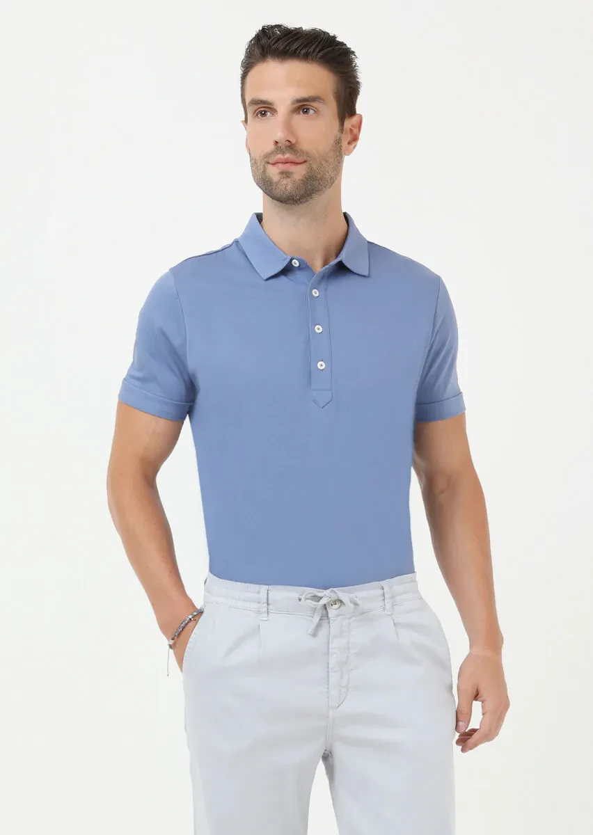 Koyu Mavi Jakarlı Polo Yaka %100 Pamuk T-Shirt - 3