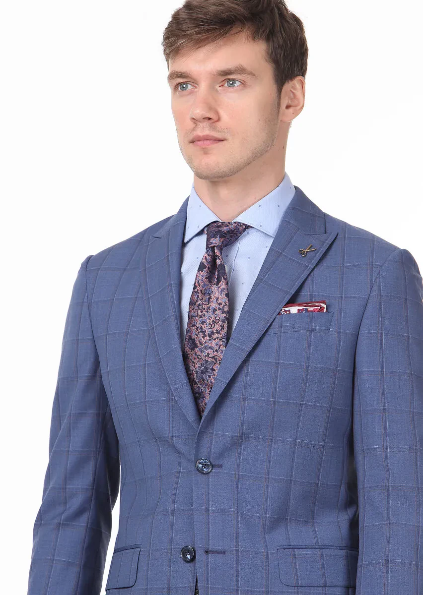 Koyu Mavi Kareli Modern Fit %100 Yün Takım Elbise - 2