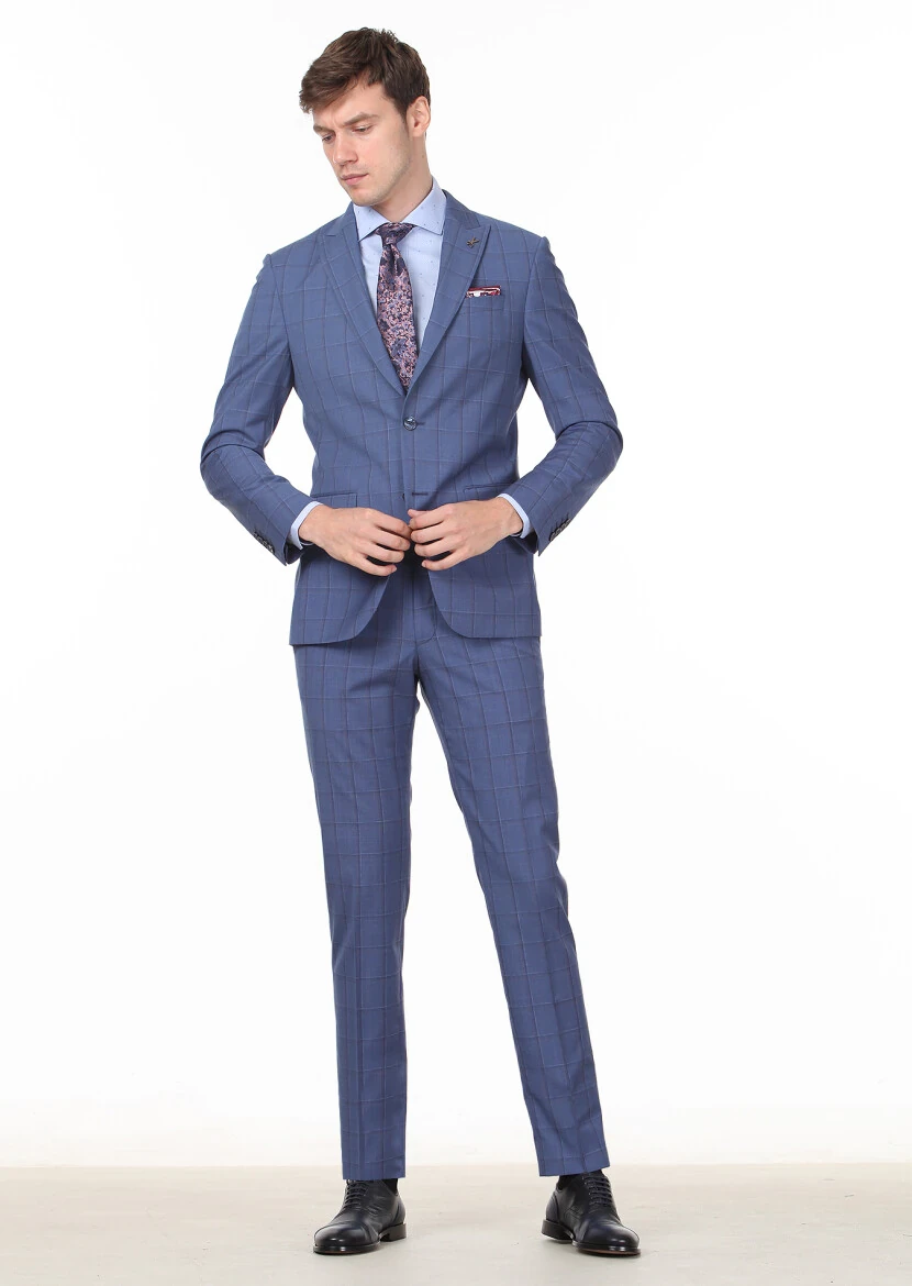 Koyu Mavi Kareli Modern Fit %100 Yün Takım Elbise - 3