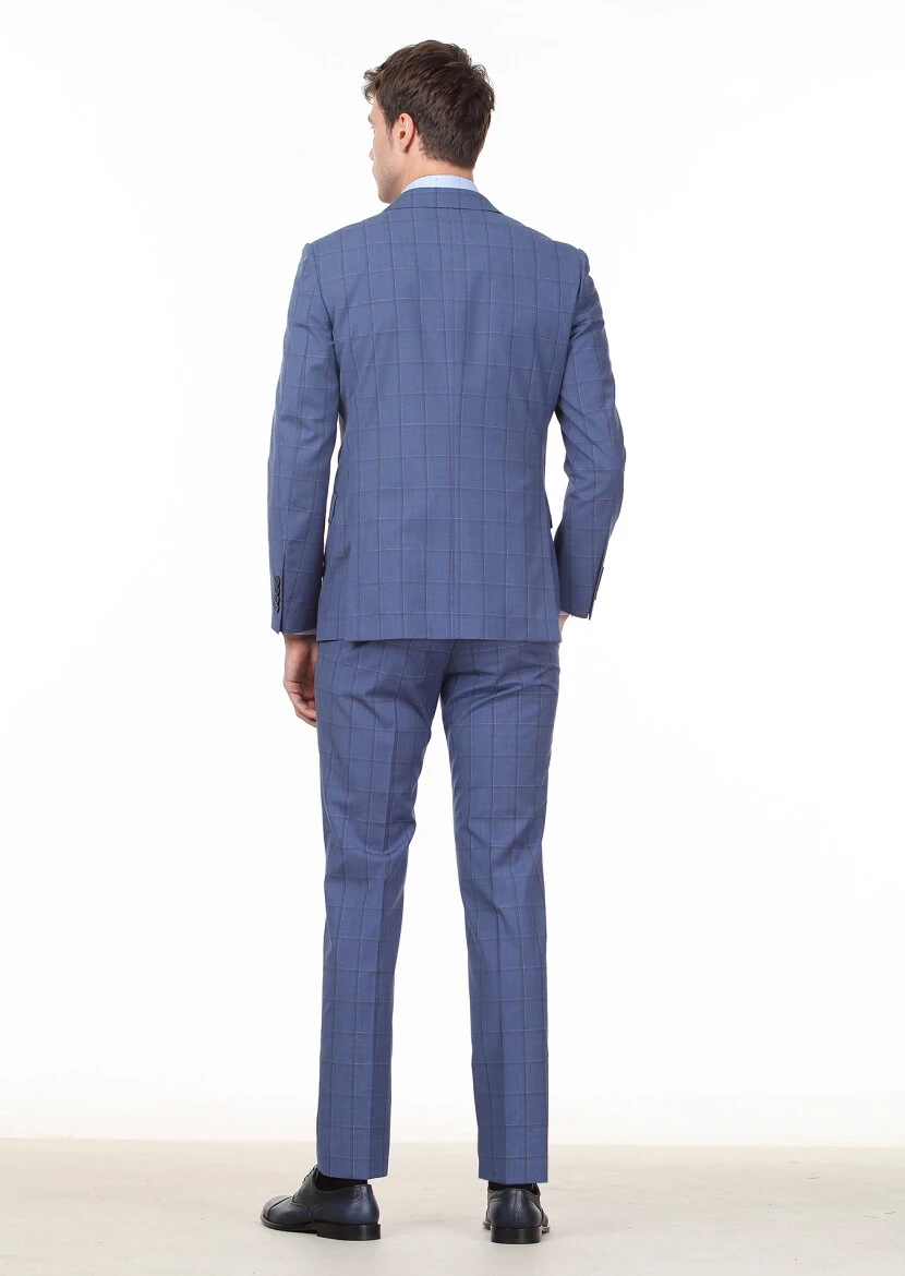 Koyu Mavi Kareli Modern Fit %100 Yün Takım Elbise - 4