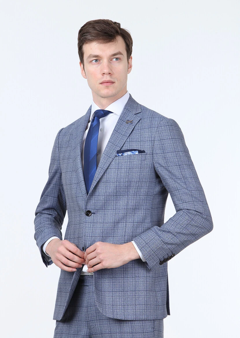 Koyu Mavi Kareli Regular Fit %100 Yün Takım Elbise - 1