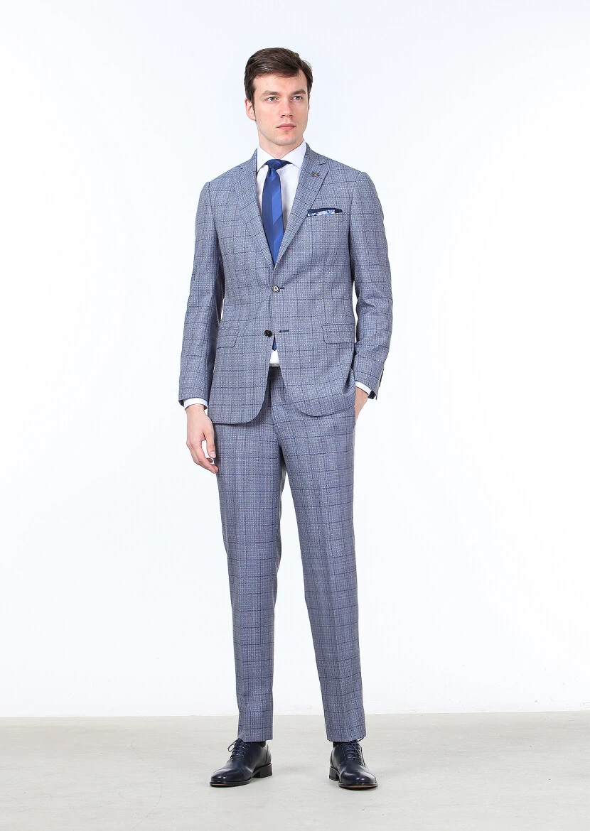 Koyu Mavi Kareli Regular Fit %100 Yün Takım Elbise - 2