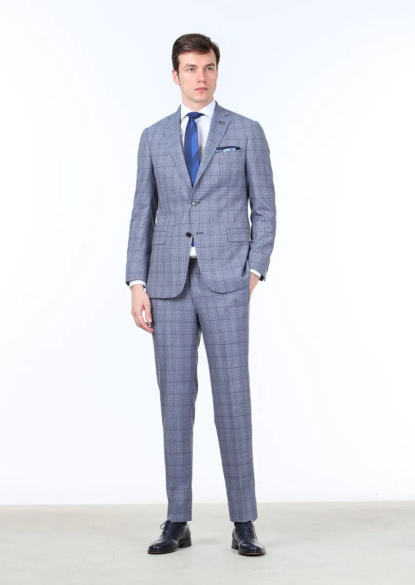 Koyu Mavi Kareli Regular Fit %100 Yün Takım Elbise - 2