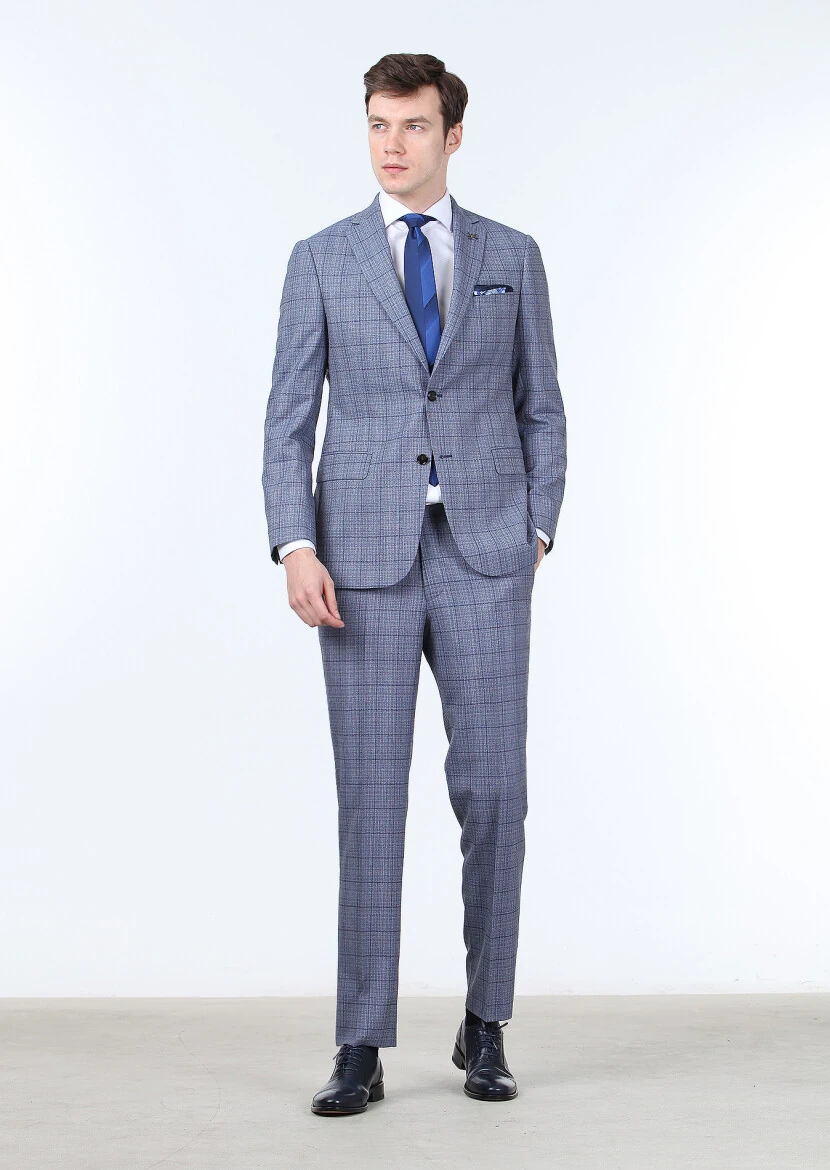 Koyu Mavi Kareli Regular Fit %100 Yün Takım Elbise - 3