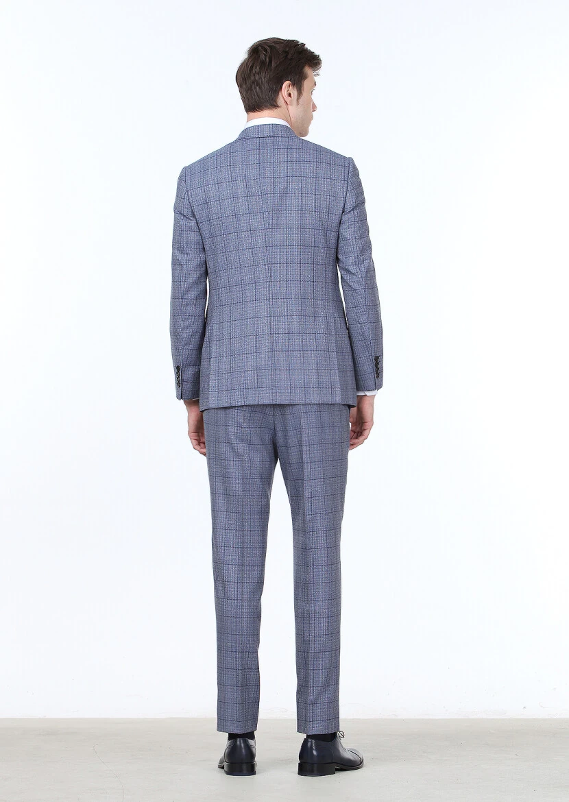 Koyu Mavi Kareli Regular Fit %100 Yün Takım Elbise - 4