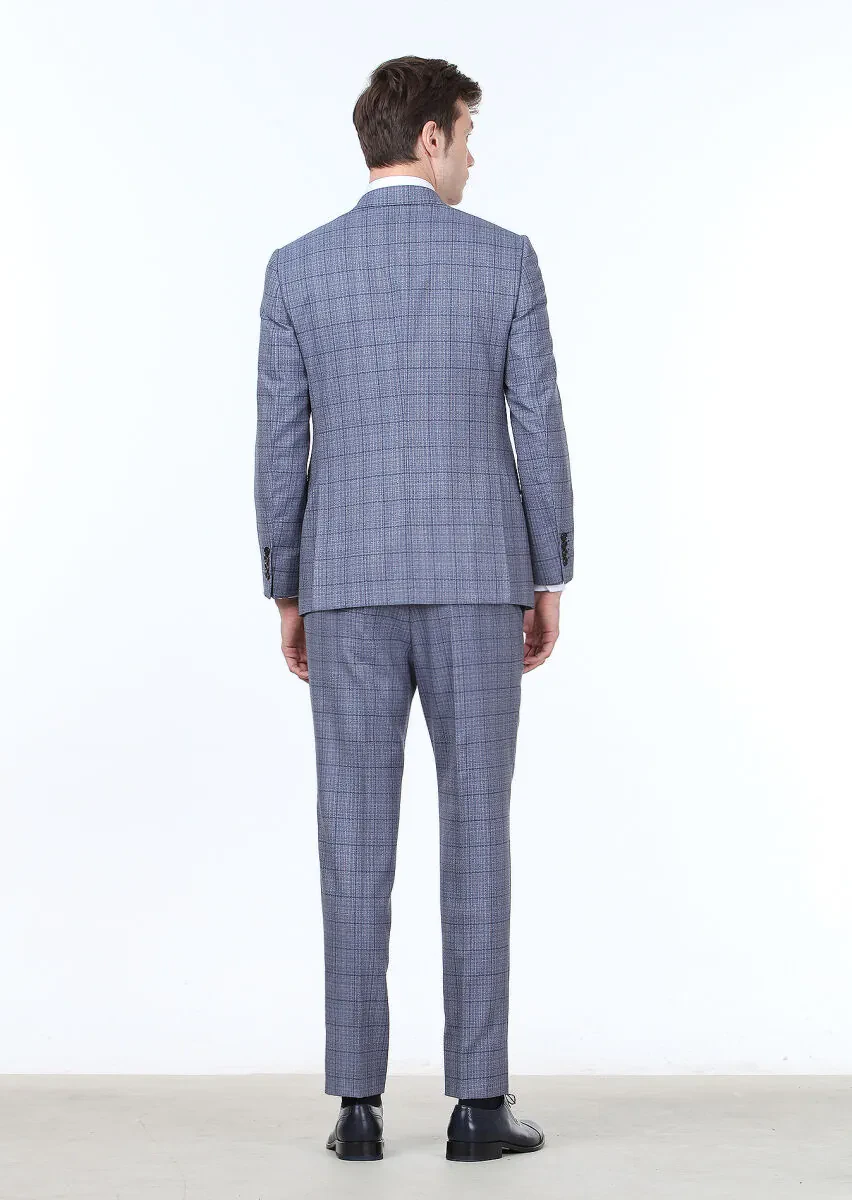 Koyu Mavi Kareli Regular Fit %100 Yün Takım Elbise - 4